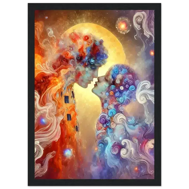 Vibrantes abstraktes Gemälde mit zwei Profilen in feurigen Orangen und kühlen Blautönen als gerahmtes Poster Der Kuss - Neu erschaffen