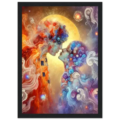 Vibrantes abstraktes Gemälde mit zwei Profilen in feurigen Orangen und kühlen Blautönen als gerahmtes Poster Der Kuss - Neu erschaffen