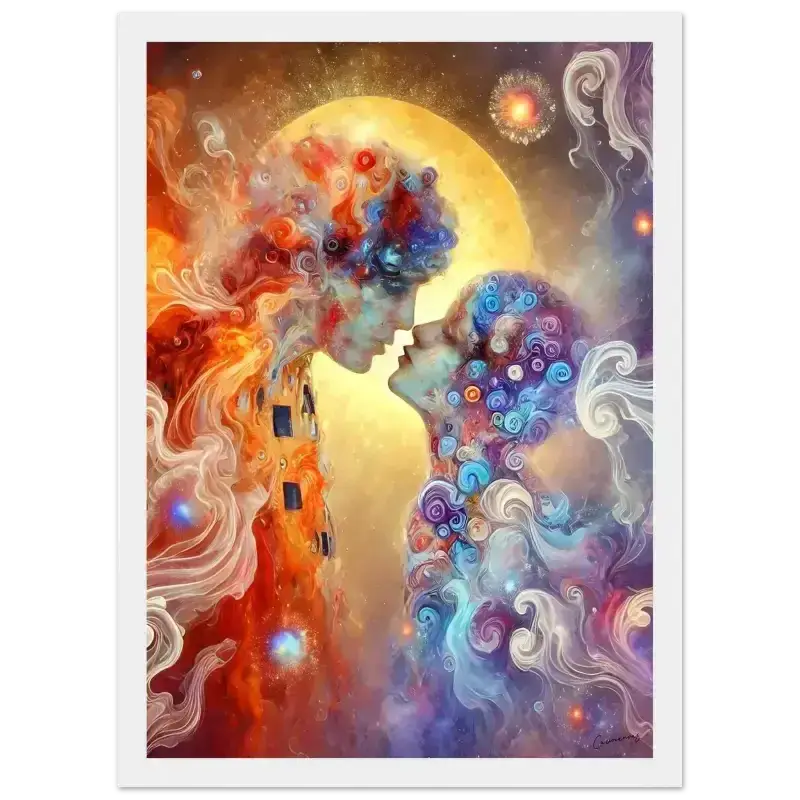 Abstraktes Gemälde mit zwei Gesichtern und Vollmond als gerahmtes Poster