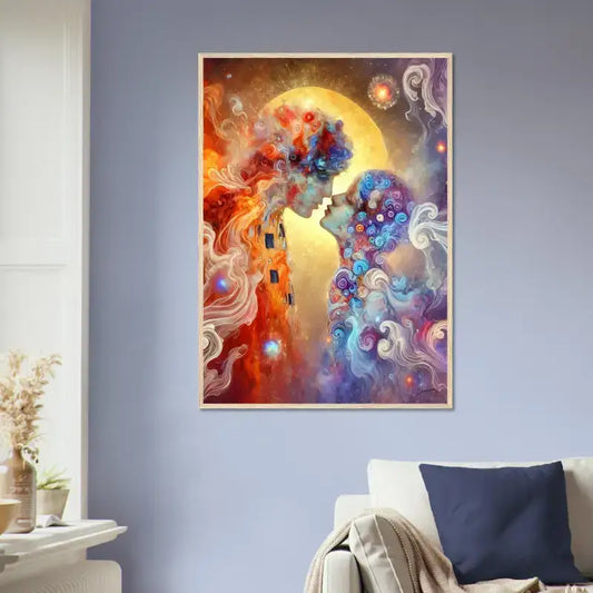 Abstraktes Gerahmtes Poster Der Kuss mit zwei Profilen in Rot-Blau