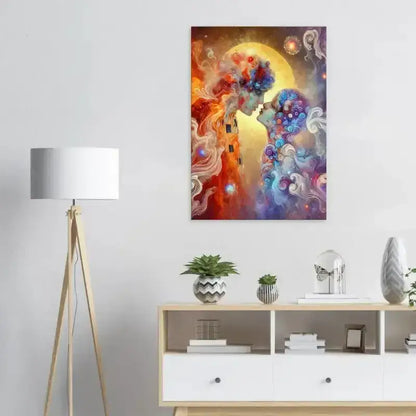 Vibrante abstrakte Malerei Der Kuss Gustav Klimt mit feurigen Roten und wirbelnden Mustern vor gelbem Mond