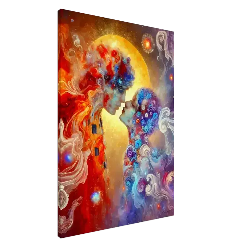 Roter und blauer abstrakter Der Kuss Print auf Leinwand mit gelbem Mondhintergrund