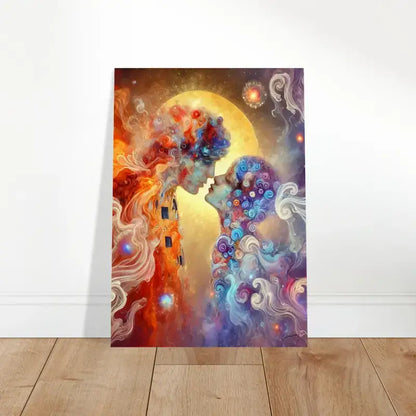 Abstraktes Kuss-Poster: Silhouettenpaar vor leuchtendem Mond, Liebe-Motiv