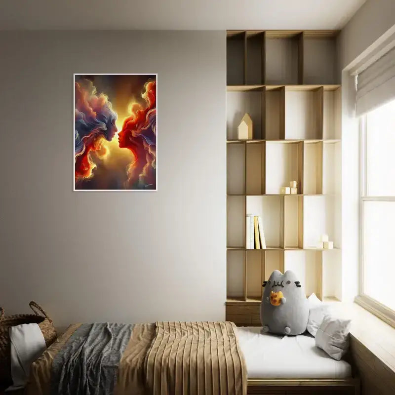 Gerahmtes Poster Der Kuss des Universums: Blaue und orange abstrakte Kunst an weißer Wand