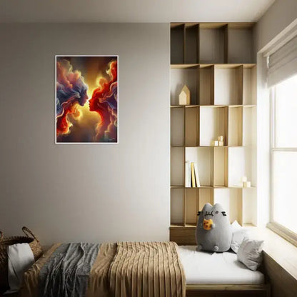 Gerahmtes Poster Der Kuss des Universums: Blaue und orange abstrakte Kunst an weißer Wand