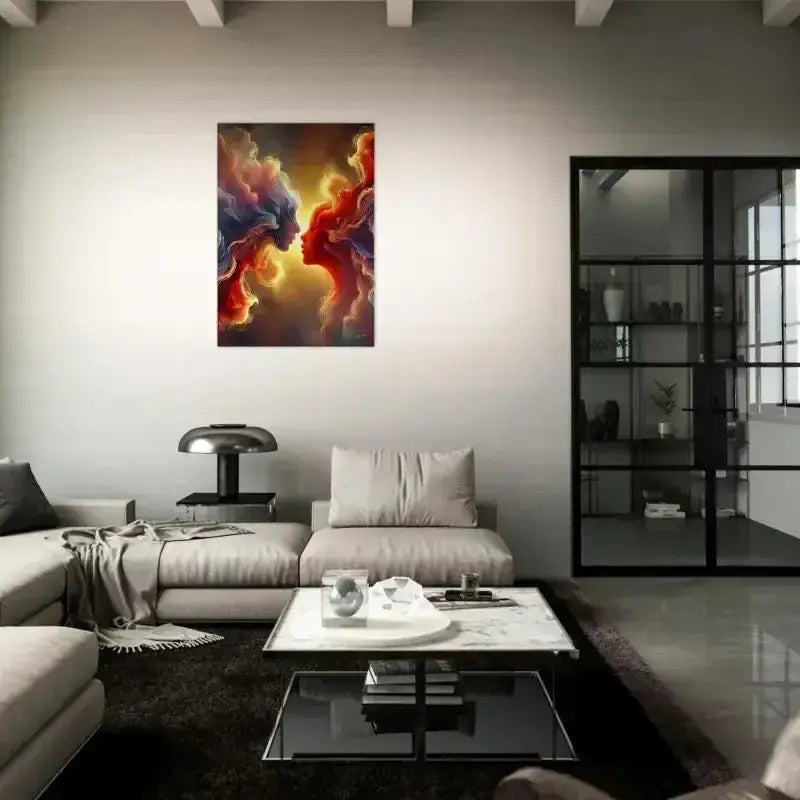 Moderne abstrakte Leinwand Der Kuss des Universums in Rot, Gelb, Blau