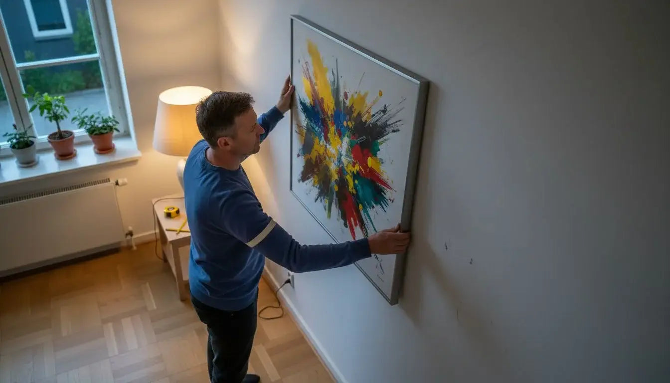 In a quiet residential area, a man is hanging a picture on the wall.