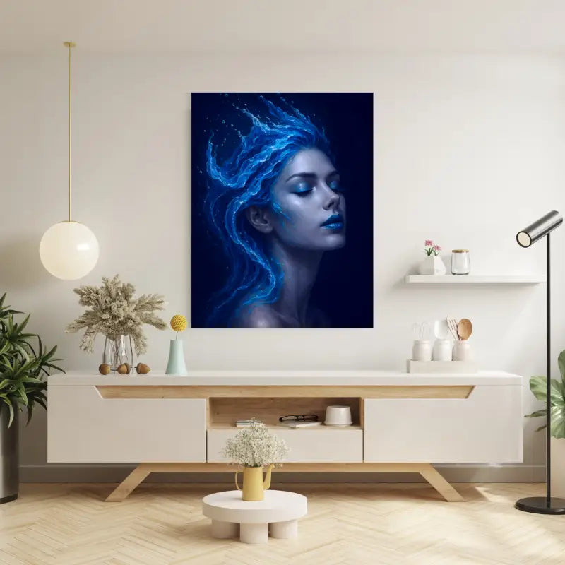 Faszinierendes blaues Portrait einer Frau mit wasserähnlichem Haar auf Leinwand