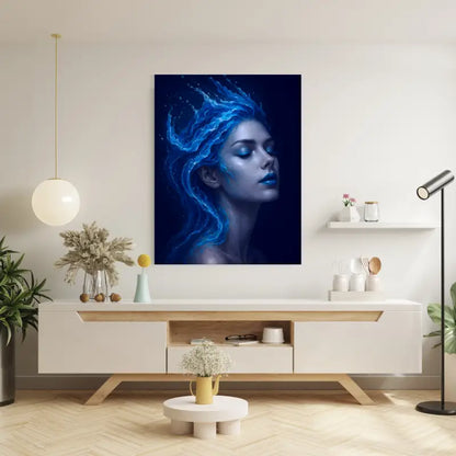 Faszinierendes blaues Portrait einer Frau mit wasserähnlichem Haar auf Leinwand