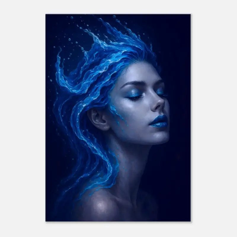 Frau mit blauen Wasserhaaren und schimmerndem blauen Make-up für Leinwand Produkt