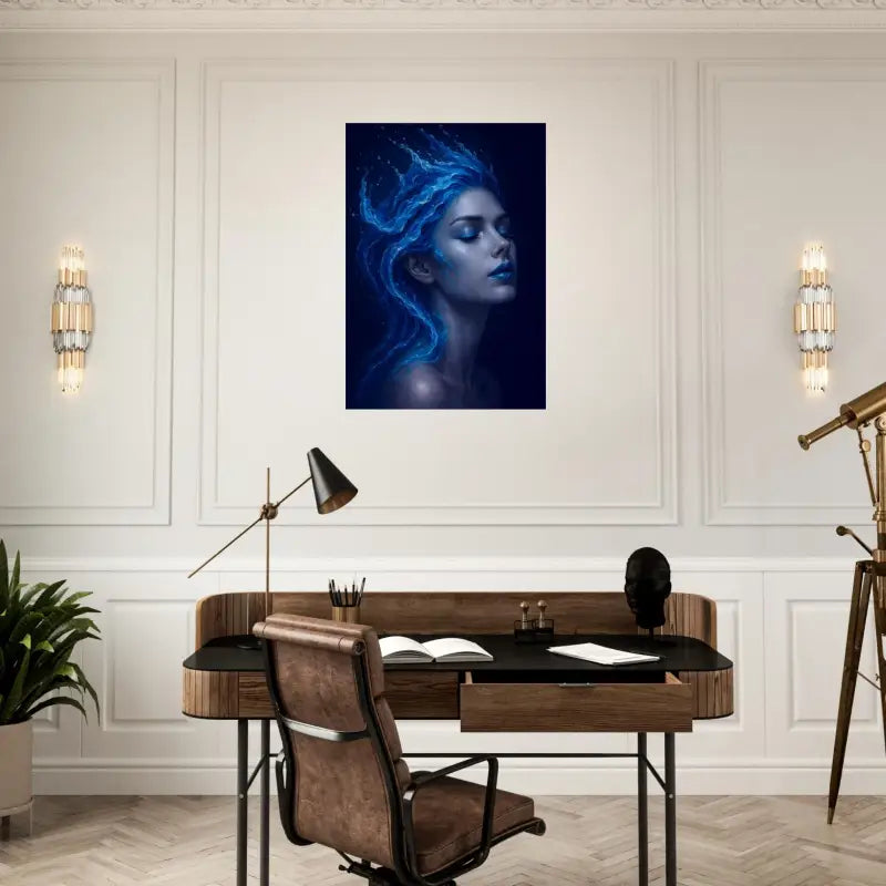 Gerahmtes Leinwandportrait einer Frau mit blauer, fließender Haarfarbe