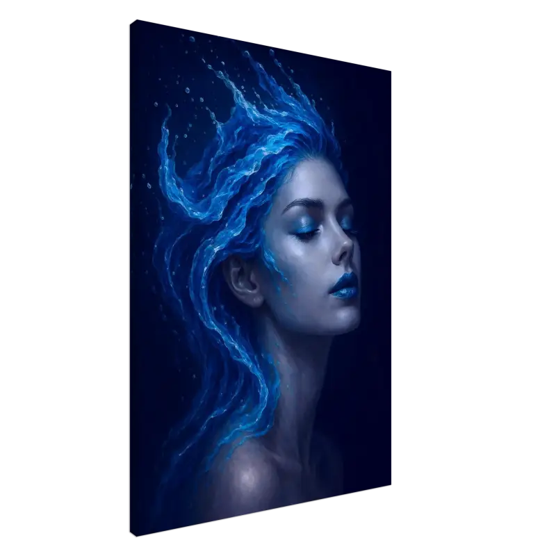 Leinwand mit Gemälde einer Frau mit blauer, wasserähnlicher fließender Haare
