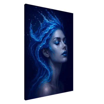 Leinwand mit Gemälde einer Frau mit blauer, wasserähnlicher fließender Haare