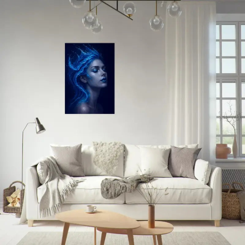 Moderner Wohnraum mit weißem Sofa minimalistischer Dekor und blauer Kunst Leinwand