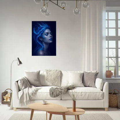 Moderner Wohnraum mit weißem Sofa minimalistischer Dekor und blauer Kunst Leinwand