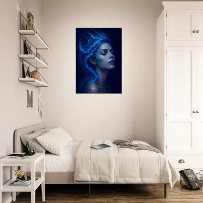 Moderner Leinwanddruck in Schlafzimmer mit weißem Bett, Nachttisch, Kleiderschrank und blauer abstrakter Porträtwand