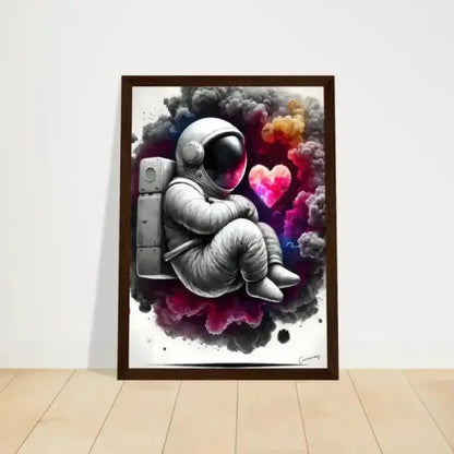 Gerahmtes poster lost in love zeigt astronaut in grau zwischen pinken, lila und orangen wolken mit leuchtendem herz kunst print