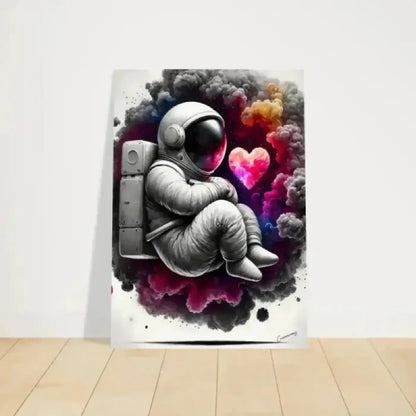 Lost in love poster mit stilisiertem astronauten in monochromem raumanzug und pinken sowie violetten rauchschwaden