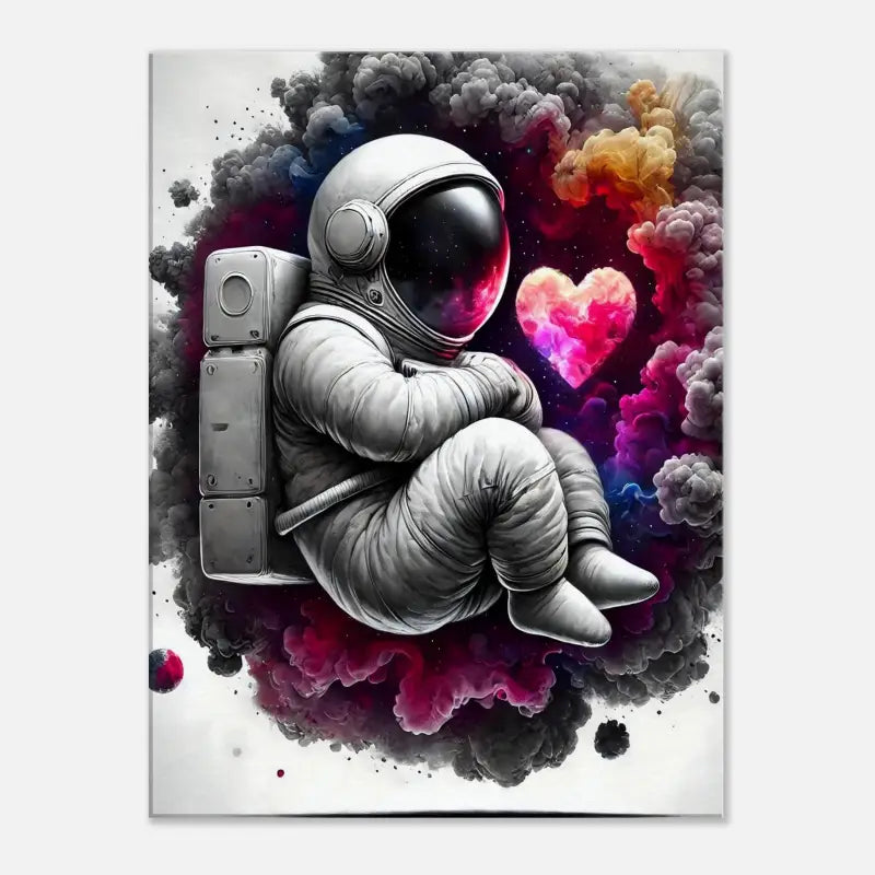 Astronaut sitzt bei einer herzförmigen Nebelgalaxie in der Kunst für Lost in Love Produkt