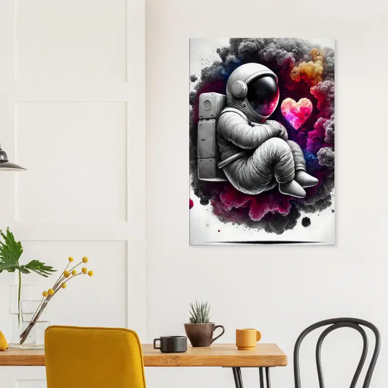 Astronauten Kunstdruck mit buntem Rauch und Herz für das Wandbild Lost in Love