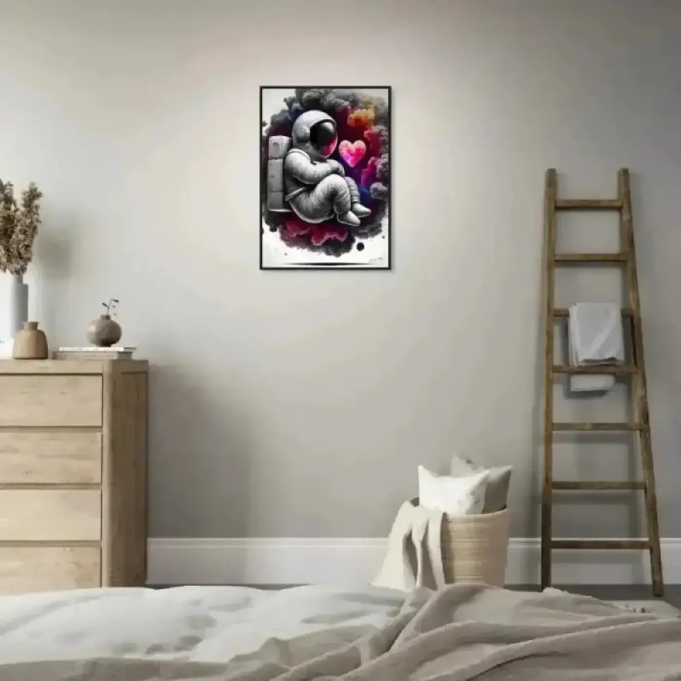 Gerahmtes poster lost in love mit graustufen astronaut und bunten herzen als kunst prints und posters