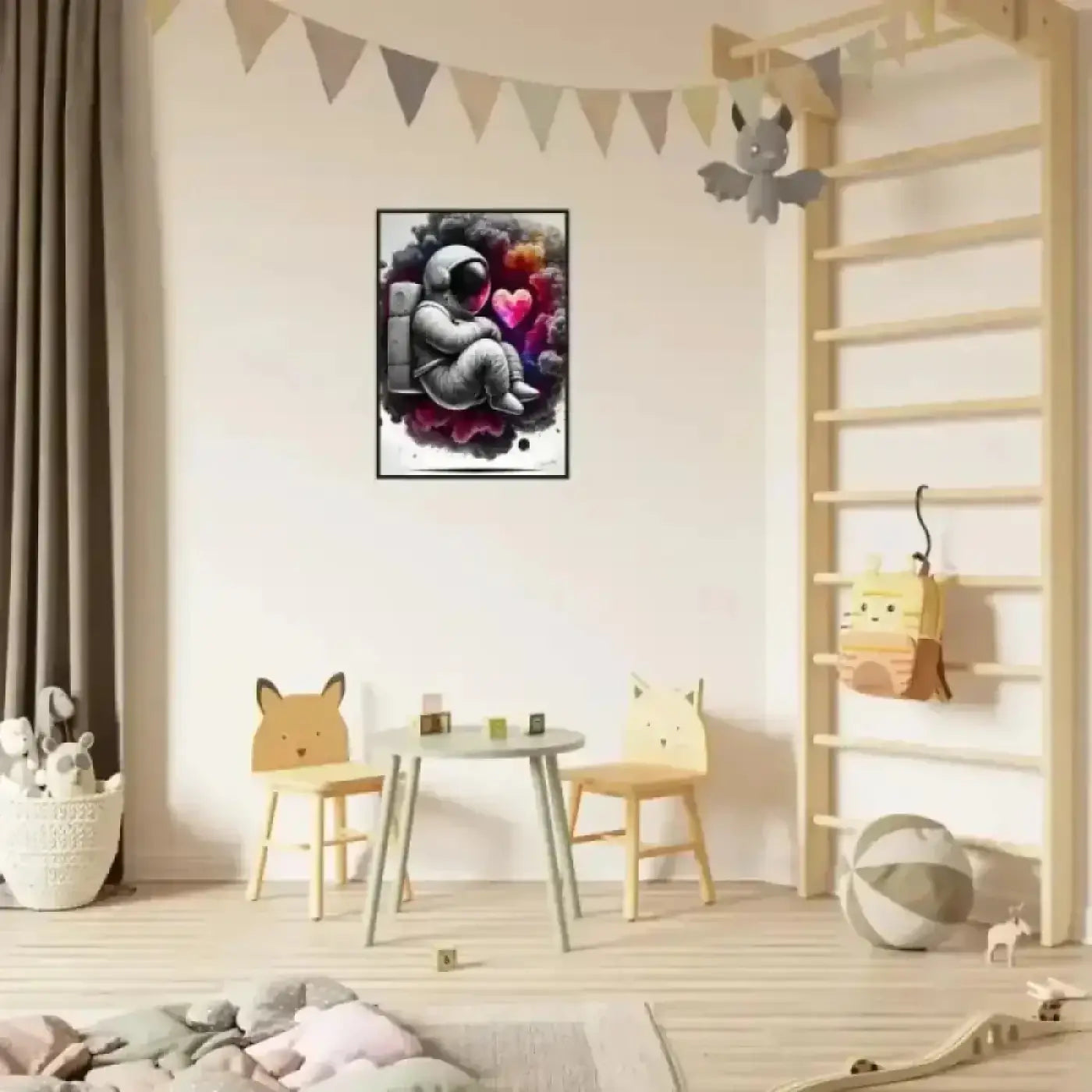 Gerahmtes poster lost in love zeigt grauen astronauten mit bunten kosmischen wirbeln und pinkem herz kunst prints