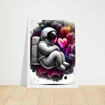 Gerahmtes Poster Astronaut mit Herz und farbigem Rauchhintergrund