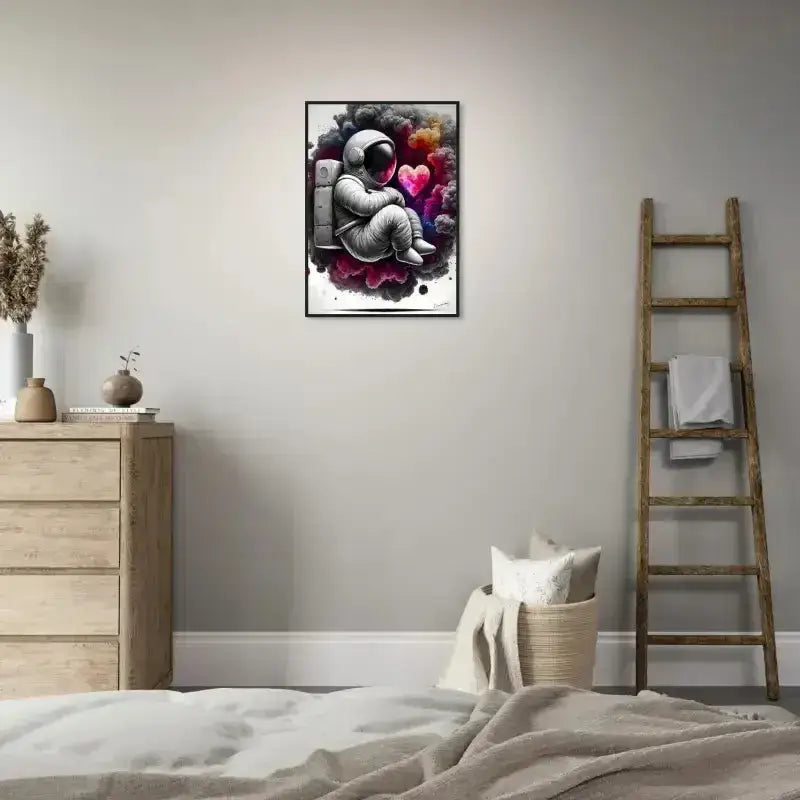 Gerahmtes Poster Lost in Love mit Astronaut, Blumen und Herz