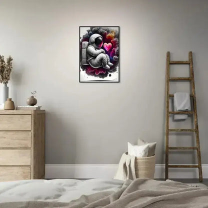 Gerahmtes Poster Lost in Love mit Astronaut, Blumen und Herz