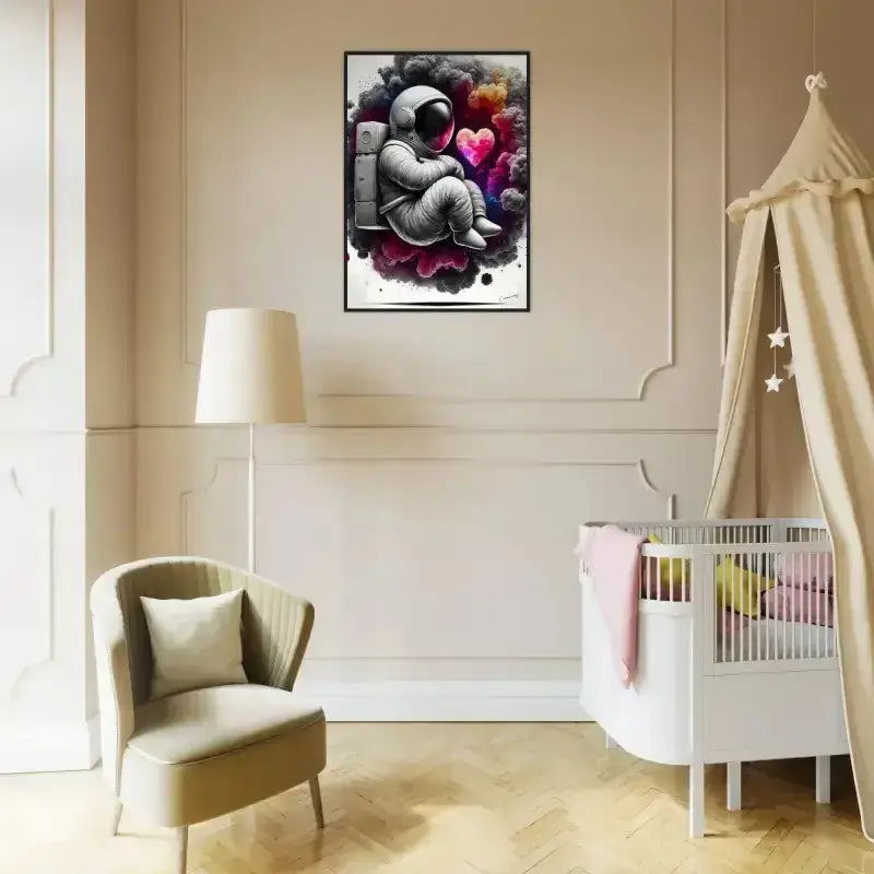 Gerahmtes Poster: Astronauten-Wandkunst mit Herz-Hintergrund