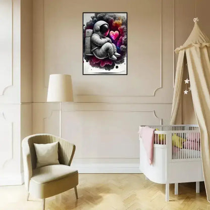 Gerahmtes Poster: Astronauten-Wandkunst mit Herz-Hintergrund