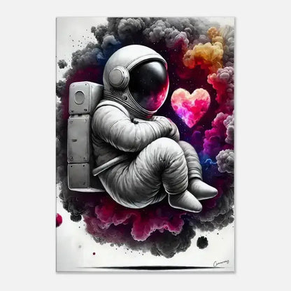 Astronaut schwebt im Weltraum vor buntem Herz-Hintergrund, Liebe Leinwand von Curiocanvas