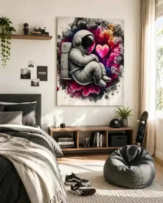 Lebendige abstrakte curiocanvas poster zeigt graustufigen astronauten mit regenbogenrauch und rosa herzen lost in love