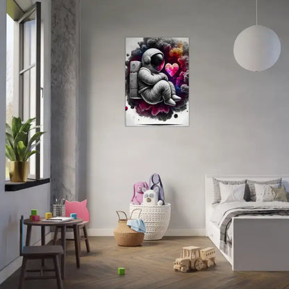 Schwarz-weiß Astronaut Leinwandkunst mit bunten Herzen - Lost in Love von Curiocanvas
