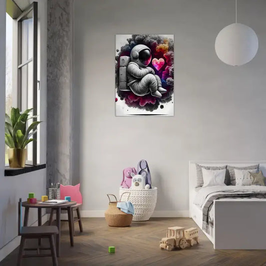 Schwarz-weiß Astronaut Leinwandkunst mit bunten Herzen - Lost in Love von Curiocanvas