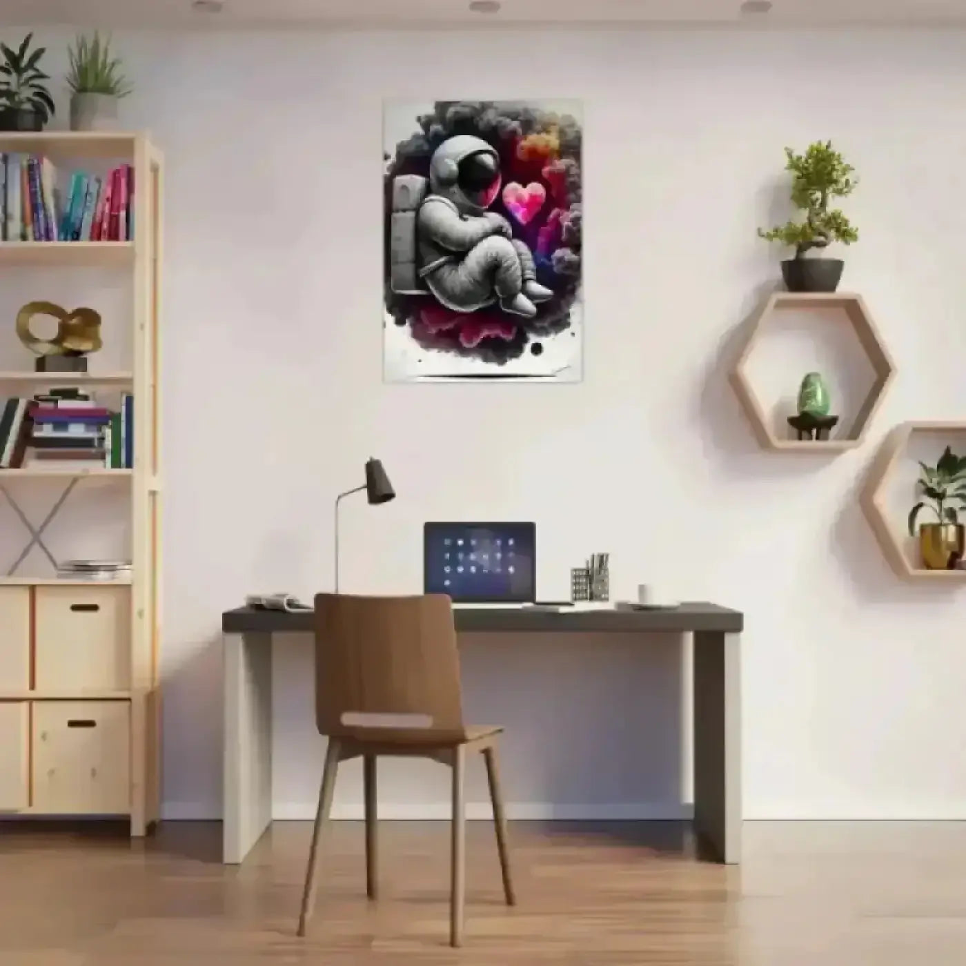 Ein gerahmtes kunstposter lost in love zeigt einen astronauten in grau der ein pinkes herz vor farbigem abstrakthintergrund hält