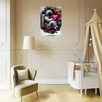 Ein poster kunstwerk zeigt einen graustufen astronauten umgeben von pinken und lila herzen im rauchigen hintergrund