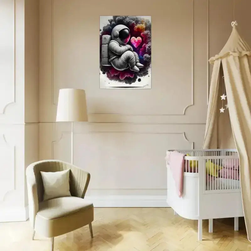 Raumfahrt-Poster Lost in Love mit Herzen, Blumen und metallischem Finish