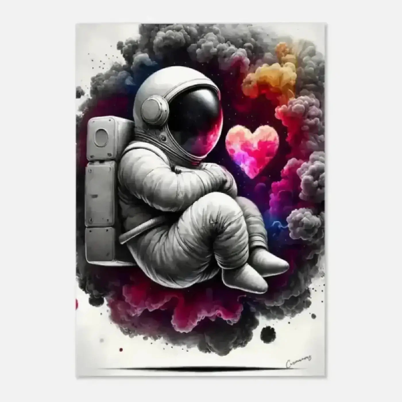 Stilisiertes astronautenposter in weißem spacesuit mit leuchtendem rosa lila herz und farbigem rauch kunst