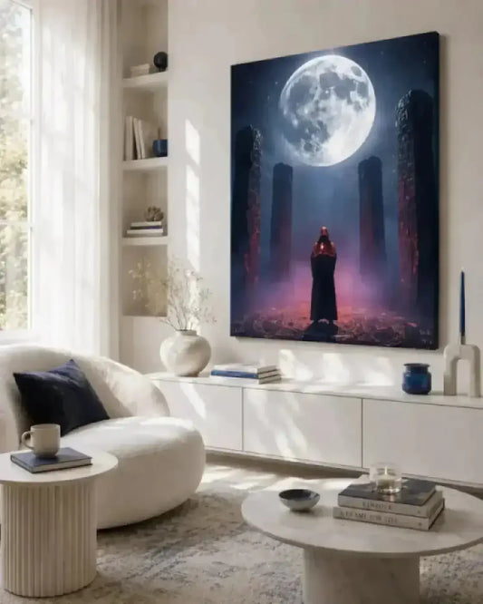 Luna Sanctum limitierte sammleredition poster mit schwarzem und lila fantasymotiv unter mondlicht und säulen