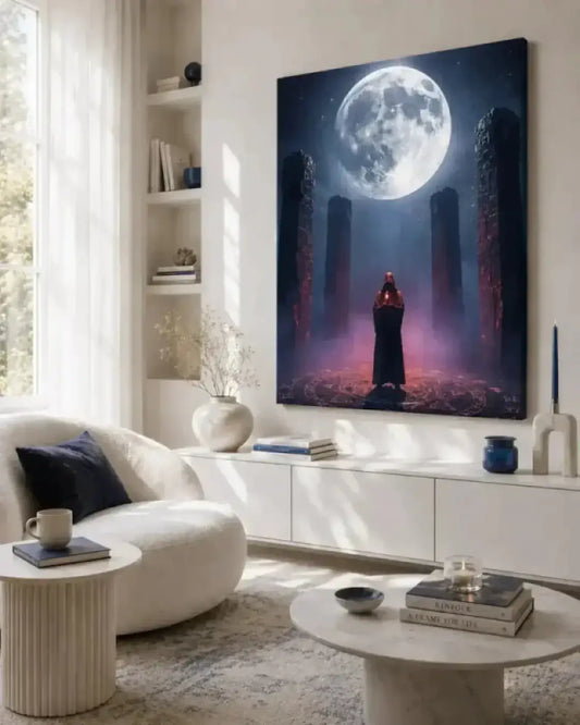Luna sanctum poster limitierte sammleredition mit schwarz-lila leinwand und mondfigur zwischen steinsäulen