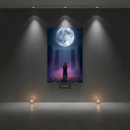 Mondlicht-Poster: Roter Umhang vor Vollmond in Luna Sanctum limitierter Sammleredition