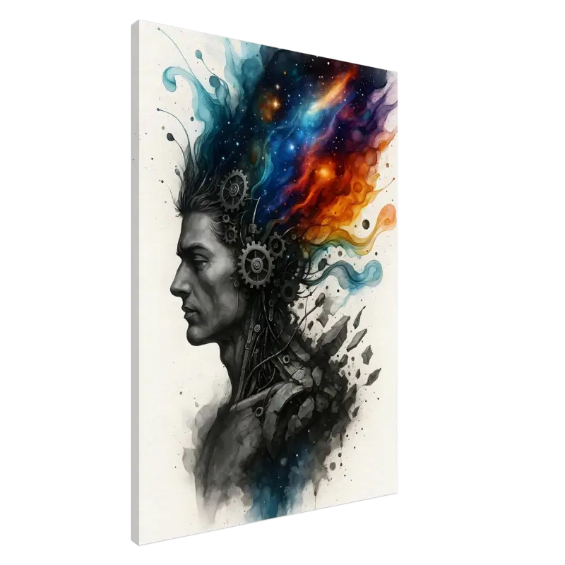 Aquarellbild eines Mannes mit Zahnrädern und kosmischem Haar für Maschine des Geistes