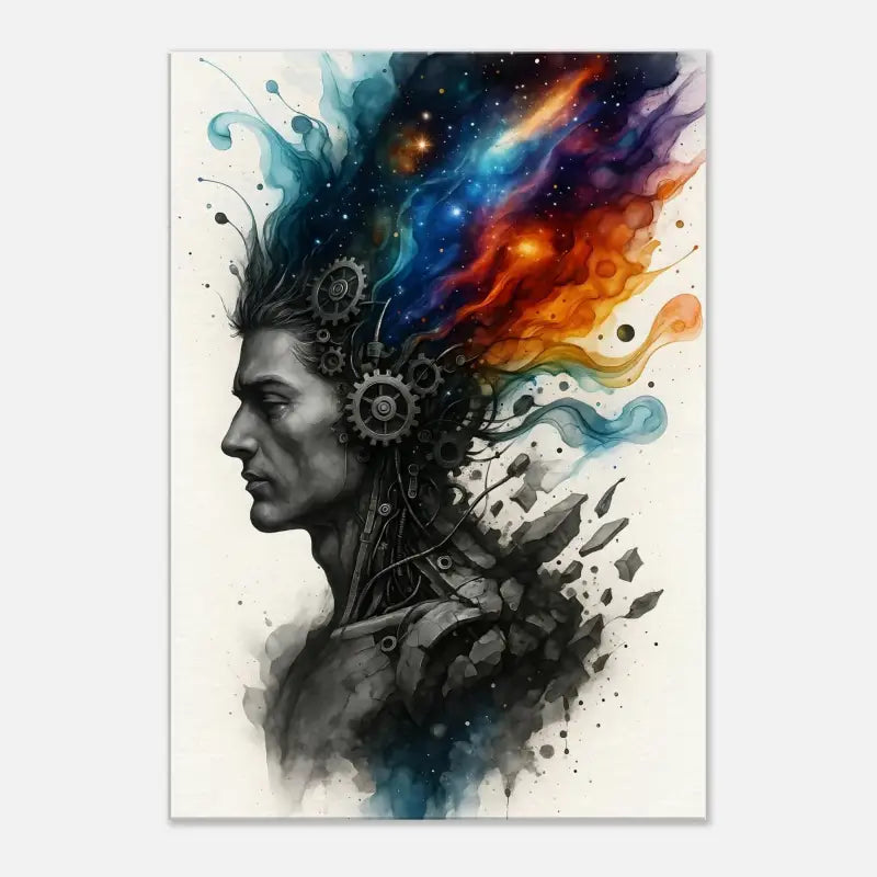 Surreale Aquarell Portrait eines Mannes mit Zahnrädern und Kosmikelementen