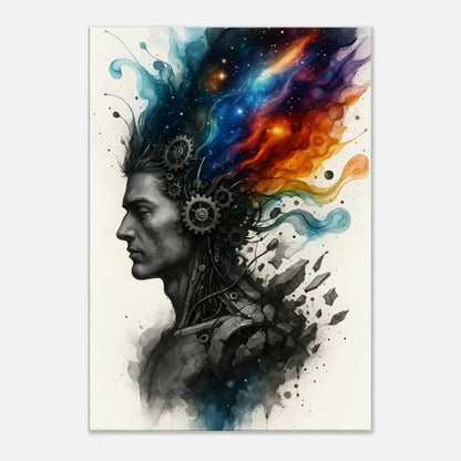 Surreale Aquarell Portrait eines Mannes mit Zahnrädern und Kosmikelementen