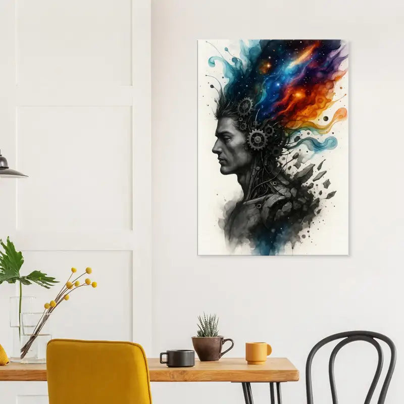 Surreales Aquarellporträt eines Mannes mit kosmischem Haar für das Produkt Maschine des Geistes