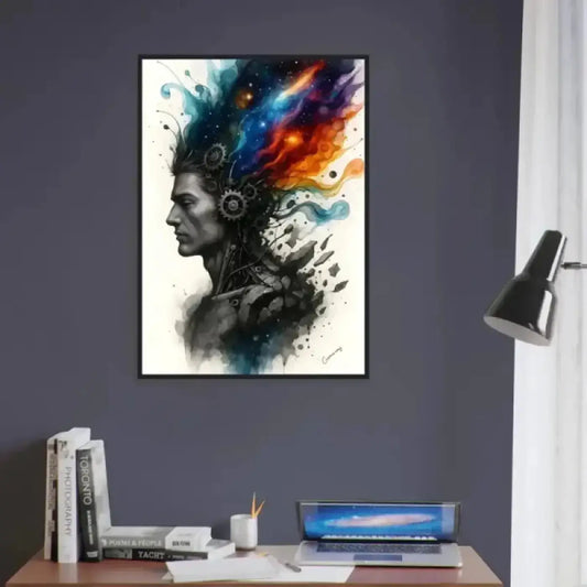 Gerahmtes poster machine des geistes zeigt abstrakten mann mit kosmischen, lebendigen farben als visual artwork