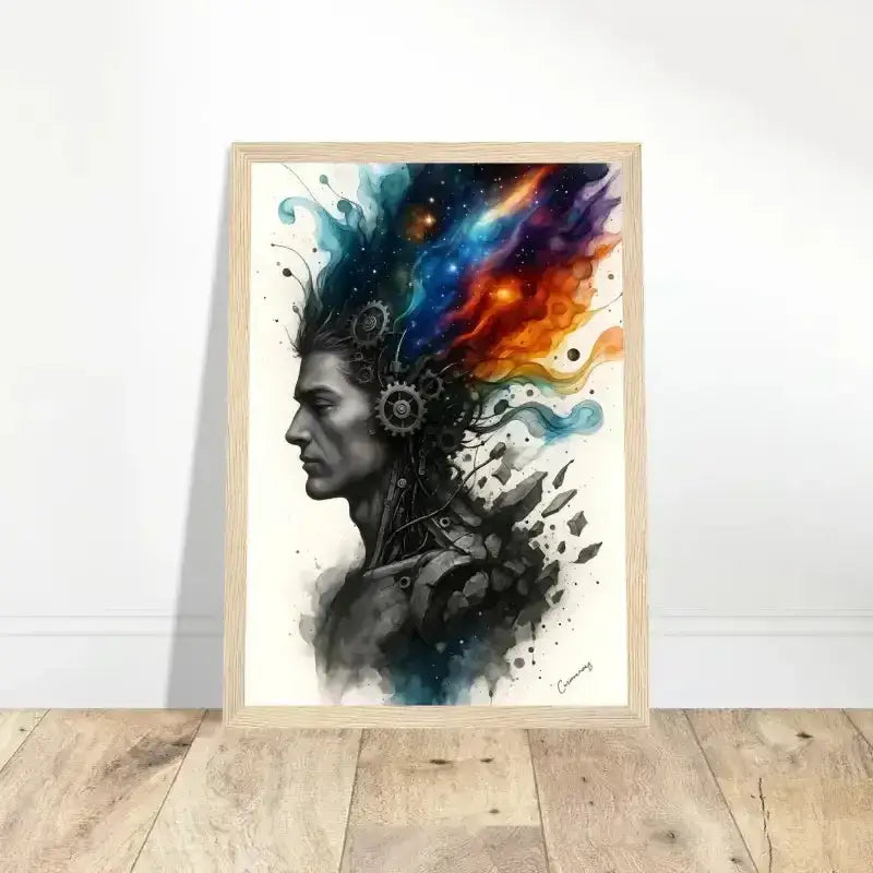 Abstraktes Porträt Mann mit kosmischen Elementen, gerahmtes Poster Machine des Geistes