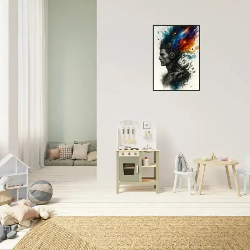 Gerahmtes Poster: Pastellfarbene Holz-Spielküche im einfachen Design