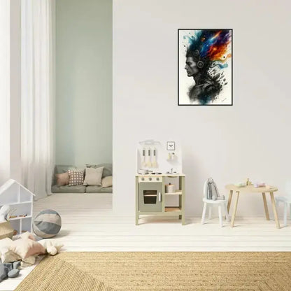 Gerahmtes Poster: Pastellfarbene Holz-Spielküche im einfachen Design